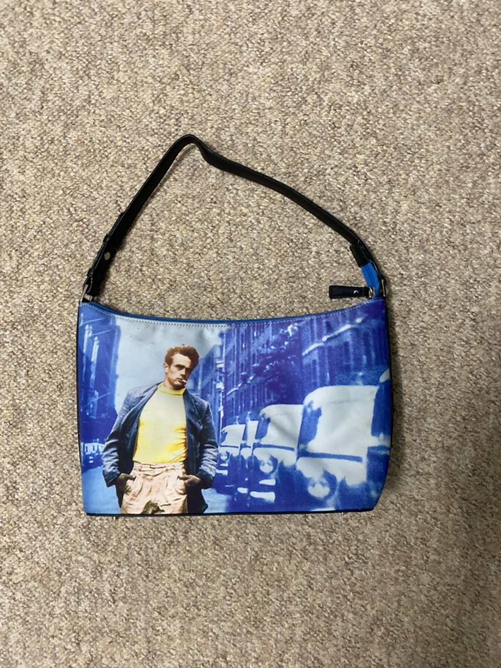 Blue James Dean Graphic Print Shoulder Bag with Black Strap